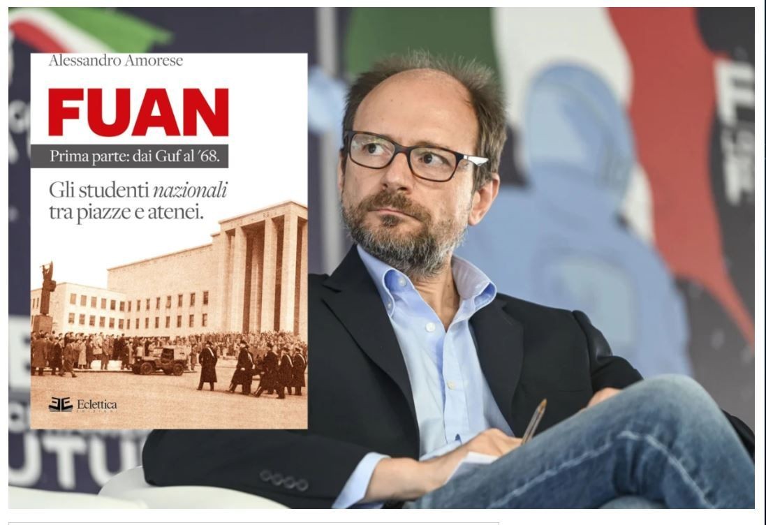 Alessandro Amorese con la copertina del libro FUAN. Gli studenti nazionali tra piazze e atenei Alessandro Amorese con la copertina del libro FUAN. Gli studenti nazionali tra piazze e atenei